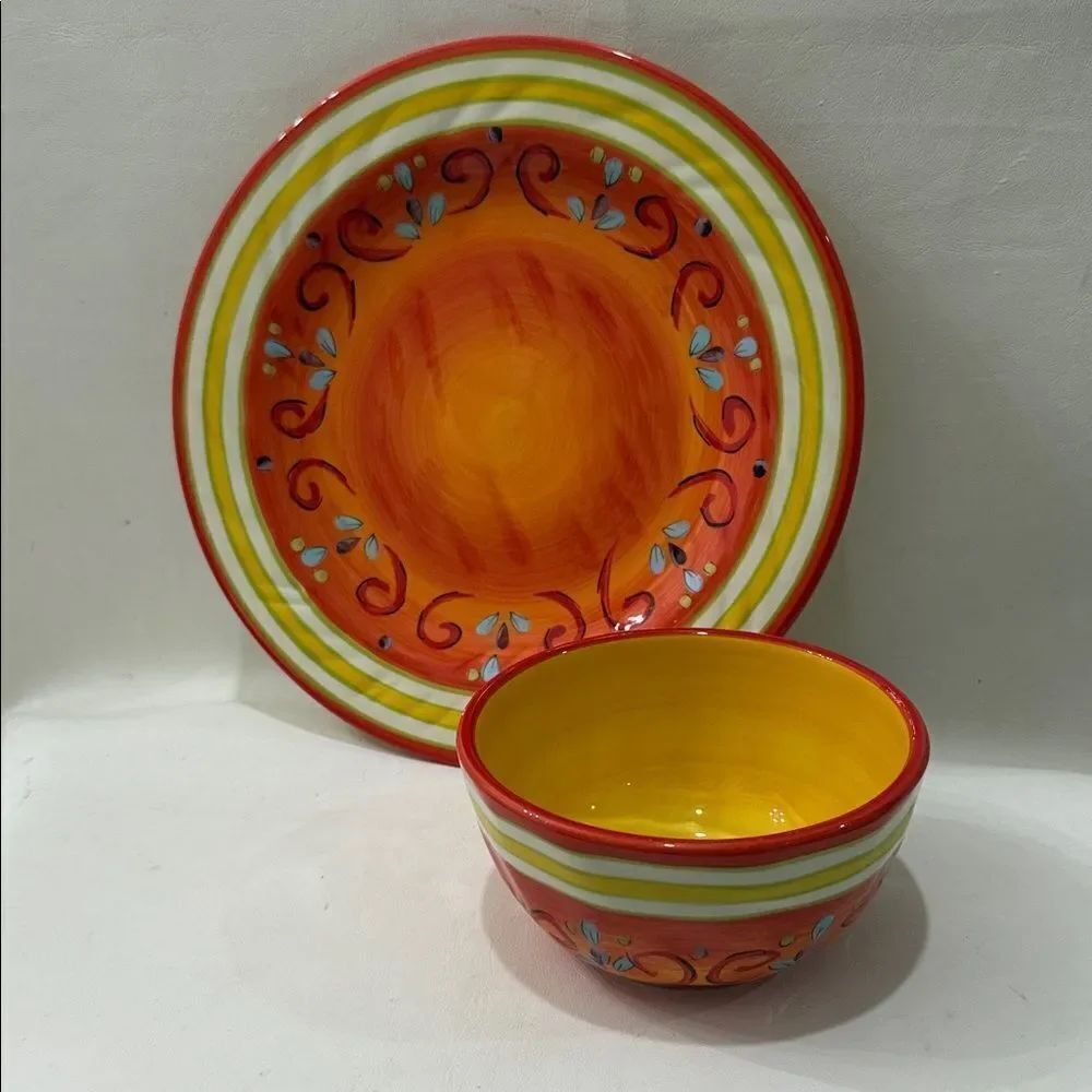 Pier 1 Pasilla Vibrant Orange Yellow 10 3/4 In Plate & 5 1/2 Round Bowl 3 In Ta